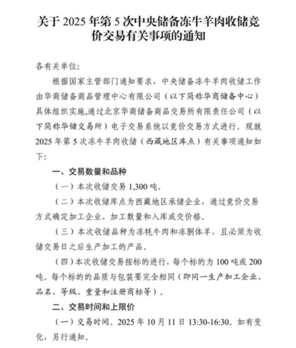 盈通配资 华储网：10月11日收储1300吨冻牛羊肉